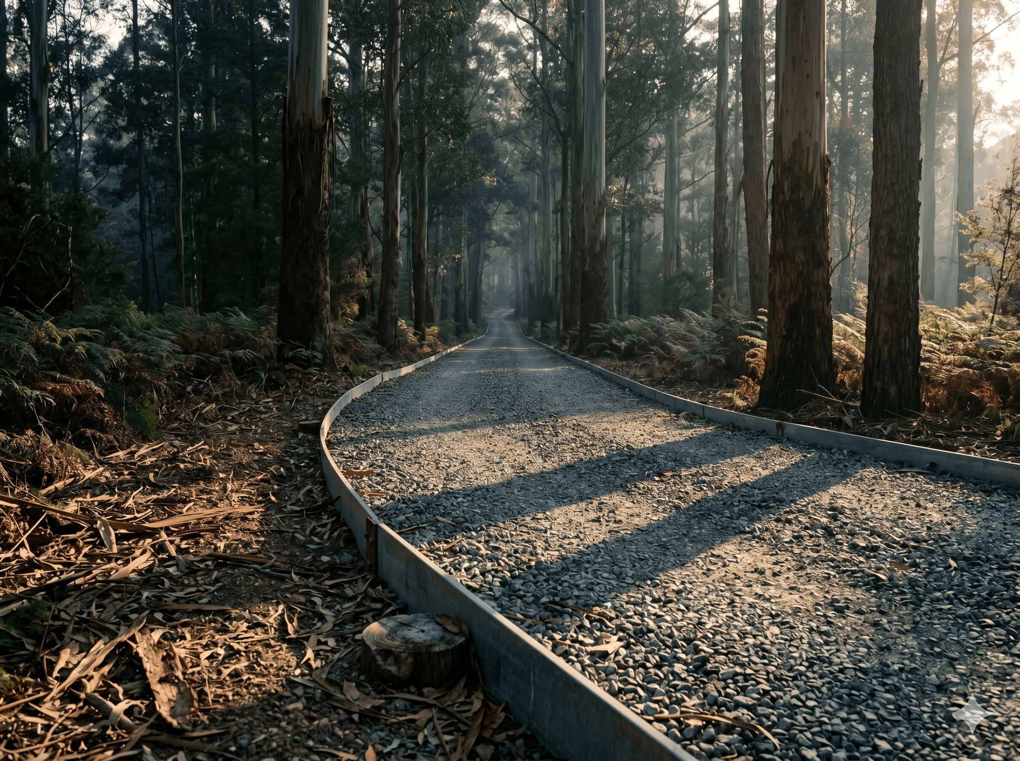 Rural driveway in crushed granite, eucalypt tunnel — Emerald