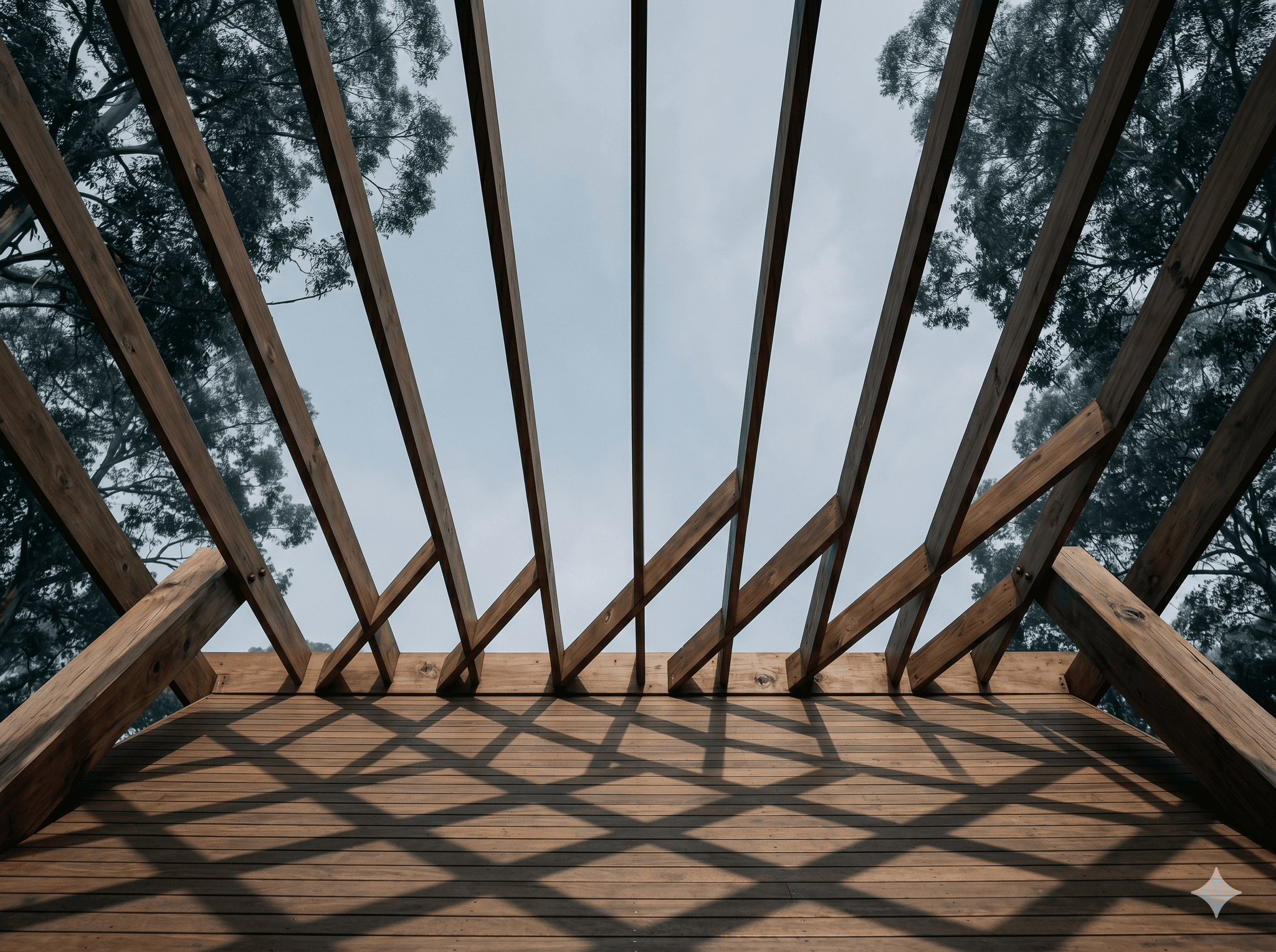 Hardwood pergola, geometric shadows — Kalorama